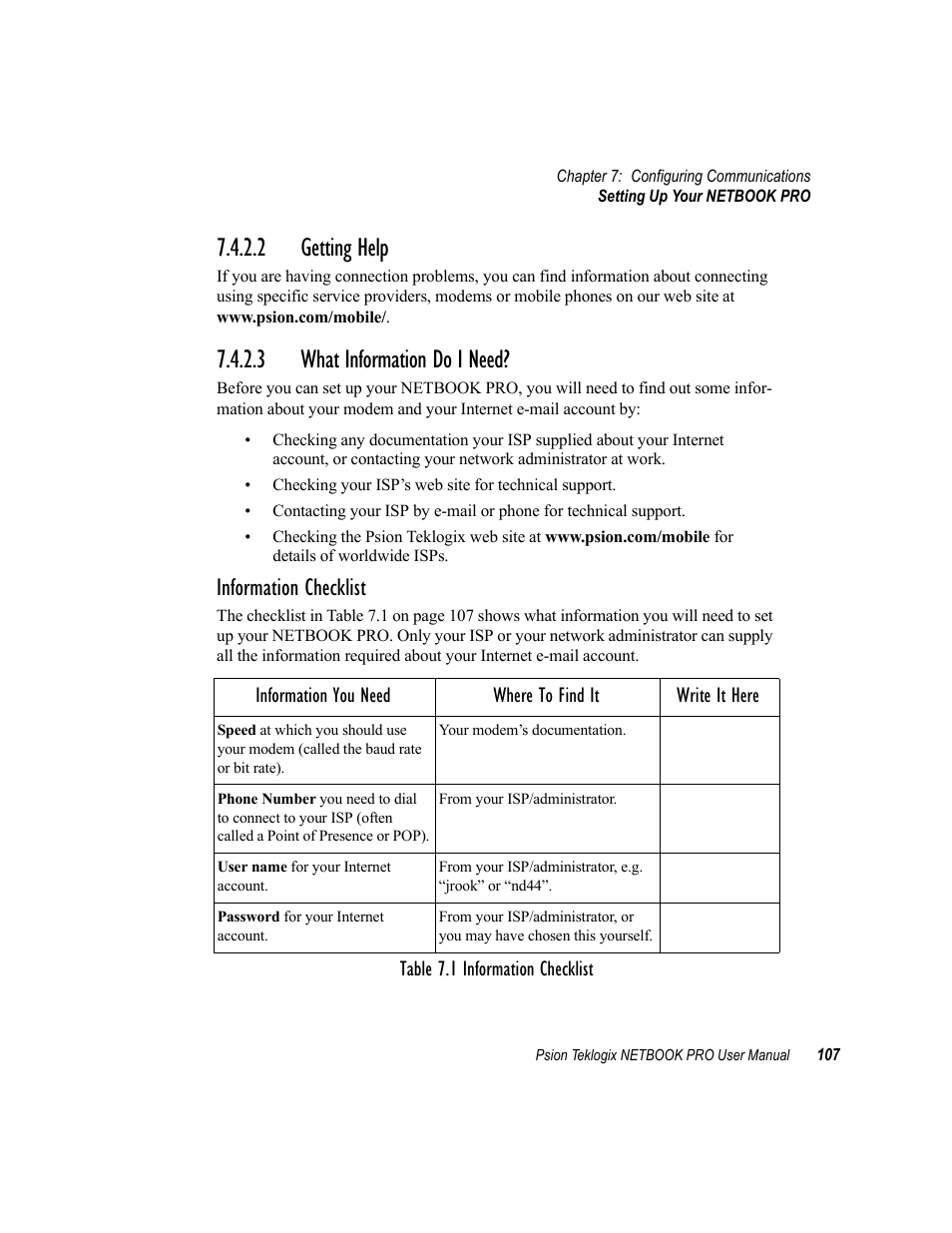 2 getting help, 3 what information do i need, Getting help | What information do i need, 2 getting help 7.4.2.3 what information do i need, Information checklist | Psion Teklogix Netbook Pro none User Manual | Page 127 / 172