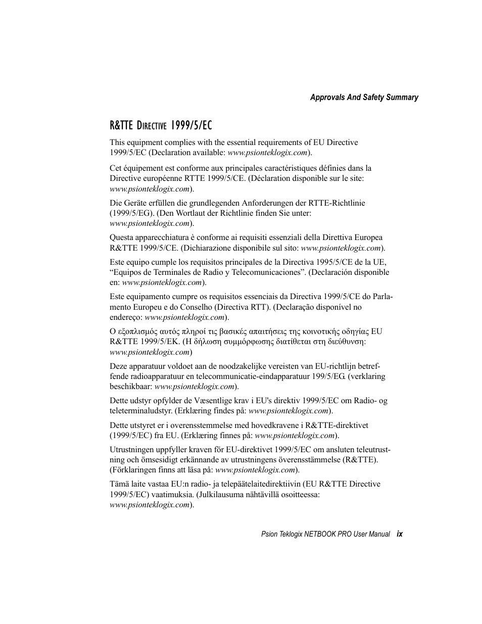 R&tte directive 1999/5/ec, R&tte d | Psion Teklogix Netbook Pro none User Manual | Page 13 / 172