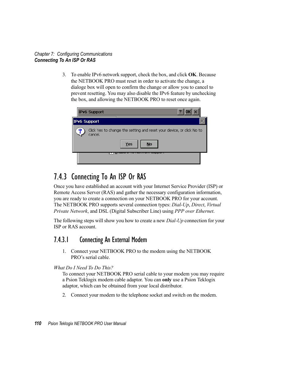 3 connecting to an isp or ras, 1 connecting an external modem, Connecting to an isp or ras | Connecting an external modem, Ee “connecting an external modem | Psion Teklogix Netbook Pro none User Manual | Page 130 / 172