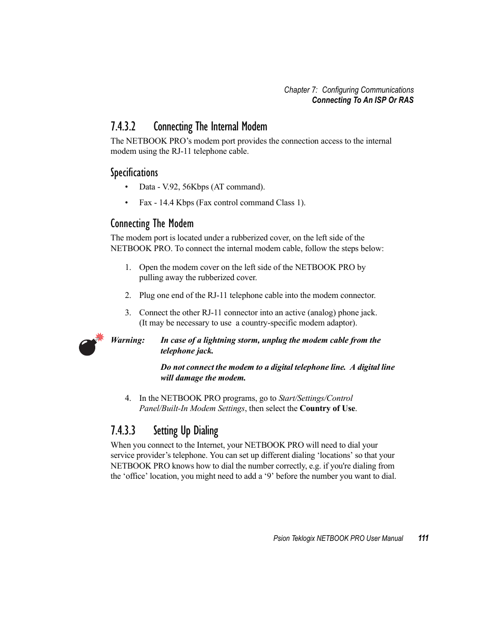 2 connecting the internal modem, 3 setting up dialing, Connecting the internal modem | Setting up dialing, Specifications, Connecting the modem | Psion Teklogix Netbook Pro none User Manual | Page 131 / 172