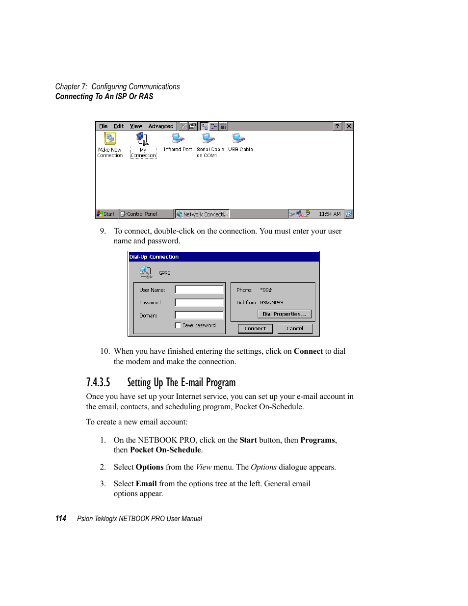 5 setting up the e-mail program, Setting up the e-mail program | Psion Teklogix Netbook Pro none User Manual | Page 134 / 172