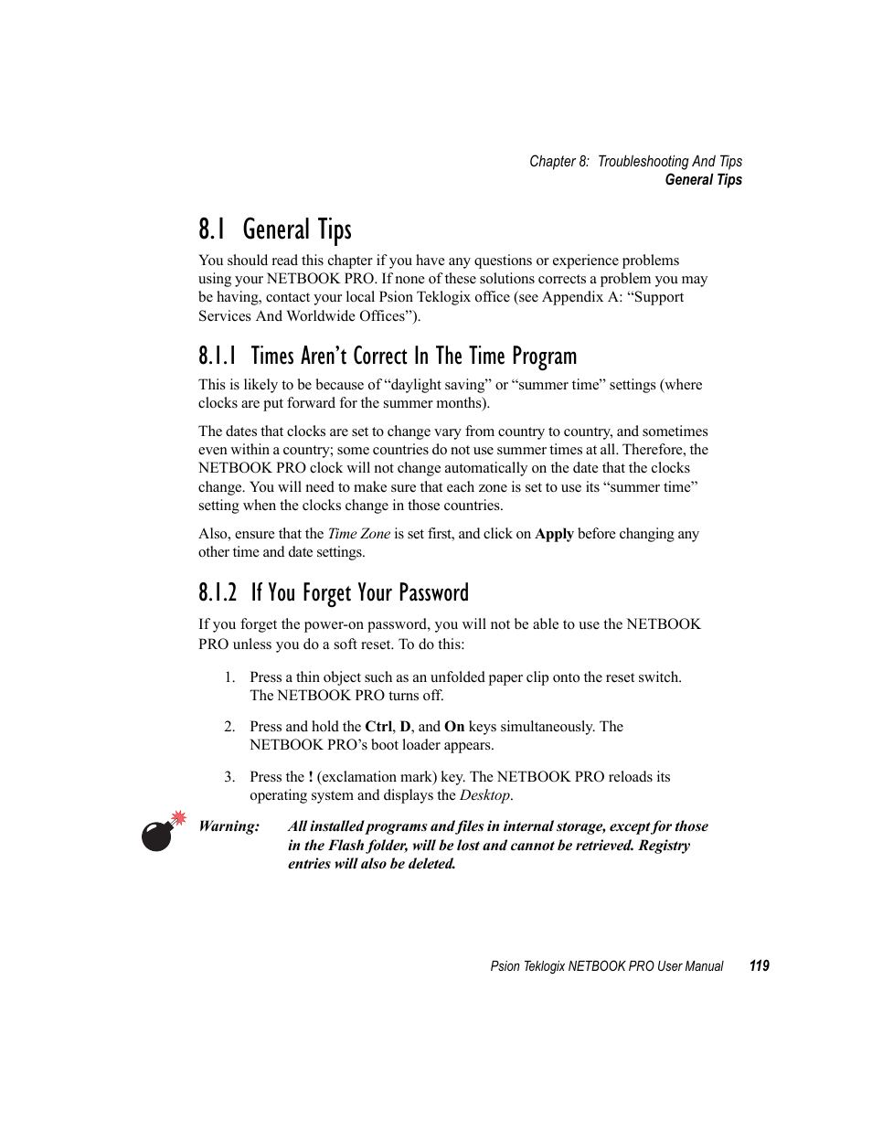 1 general tips, 1 times aren’t correct in the time program, 2 if you forget your password | General tips, Times aren’t correct in the time program, If you forget your password | Psion Teklogix Netbook Pro none User Manual | Page 139 / 172