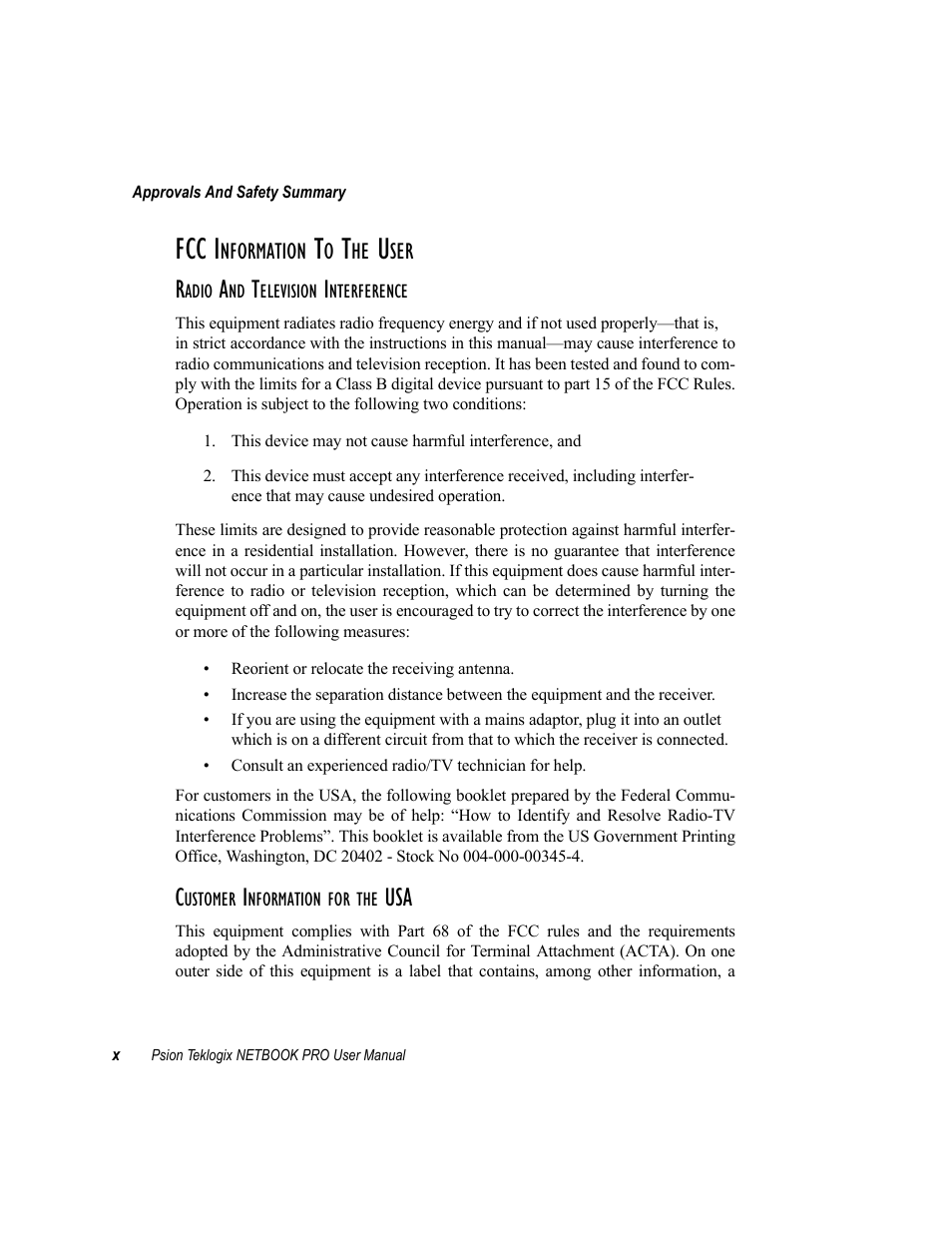 Radio and television interference, Customer information for the usa, Fcc i | Psion Teklogix Netbook Pro none User Manual | Page 14 / 172