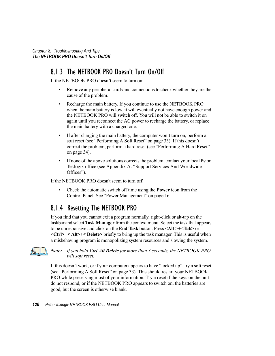 3 the netbook pro doesn’t turn on/off, 4 resetting the netbook pro, The netbook pro doesn’t turn on/off | Resetting the netbook pro | Psion Teklogix Netbook Pro none User Manual | Page 140 / 172
