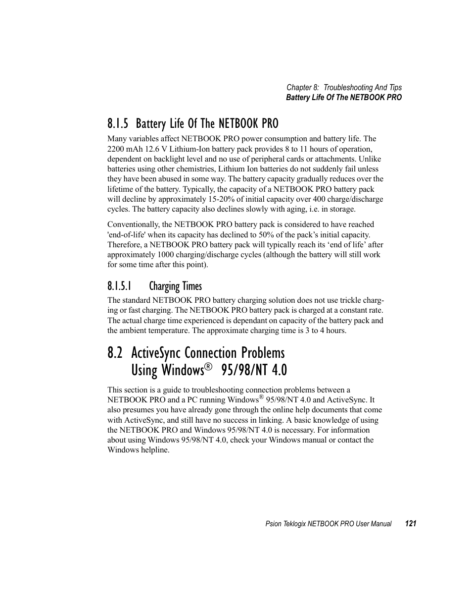 5 battery life of the netbook pro, 1 charging times, Battery life of the netbook pro | Charging times | Psion Teklogix Netbook Pro none User Manual | Page 141 / 172