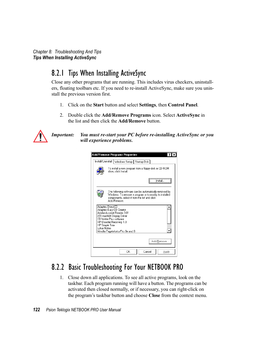 1 tips when installing activesync, 2 basic troubleshooting for your netbook pro, Tips when installing activesync | Basic troubleshooting for your netbook pro | Psion Teklogix Netbook Pro none User Manual | Page 142 / 172