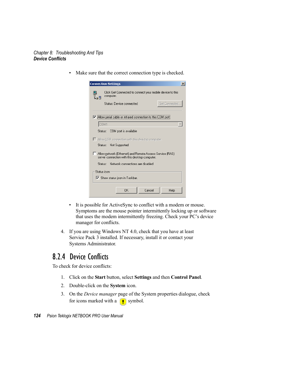 4 device conflicts, Device conflicts | Psion Teklogix Netbook Pro none User Manual | Page 144 / 172