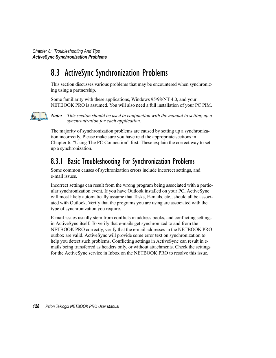 3 activesync synchronization problems, Activesync synchronization problems, Basic troubleshooting for synchronization problems | Psion Teklogix Netbook Pro none User Manual | Page 148 / 172