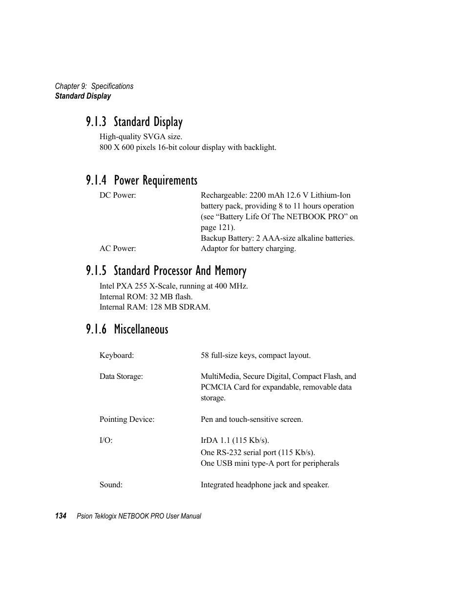 3 standard display, 4 power requirements, 5 standard processor and memory | 6 miscellaneous, Standard display, Power requirements, Standard processor and memory, Miscellaneous | Psion Teklogix Netbook Pro none User Manual | Page 154 / 172