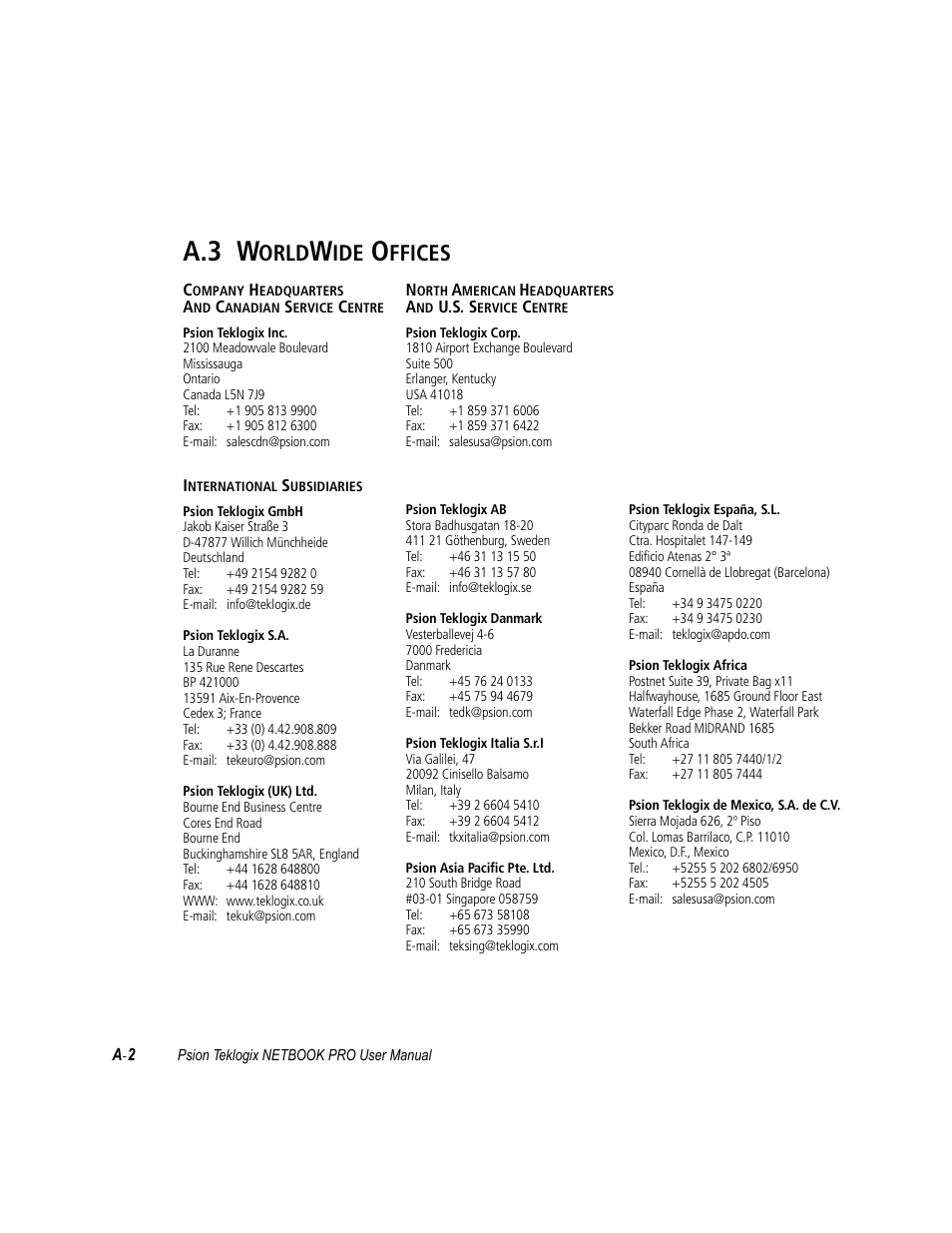 A.3 worldwide offices, A.3 w, Orld | Ffices | Psion Teklogix Netbook Pro none User Manual | Page 158 / 172