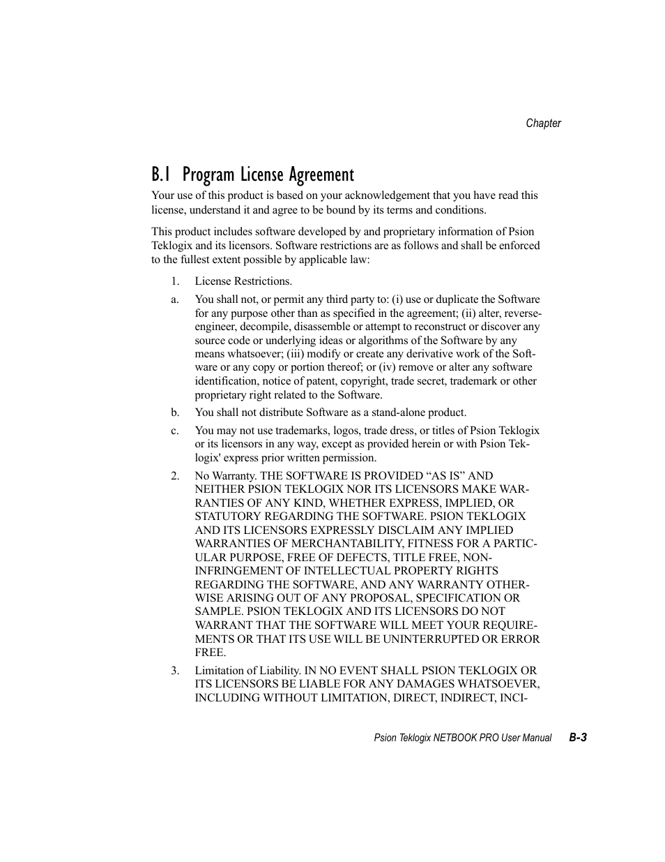 B.1 program license agreement | Psion Teklogix Netbook Pro none User Manual | Page 163 / 172