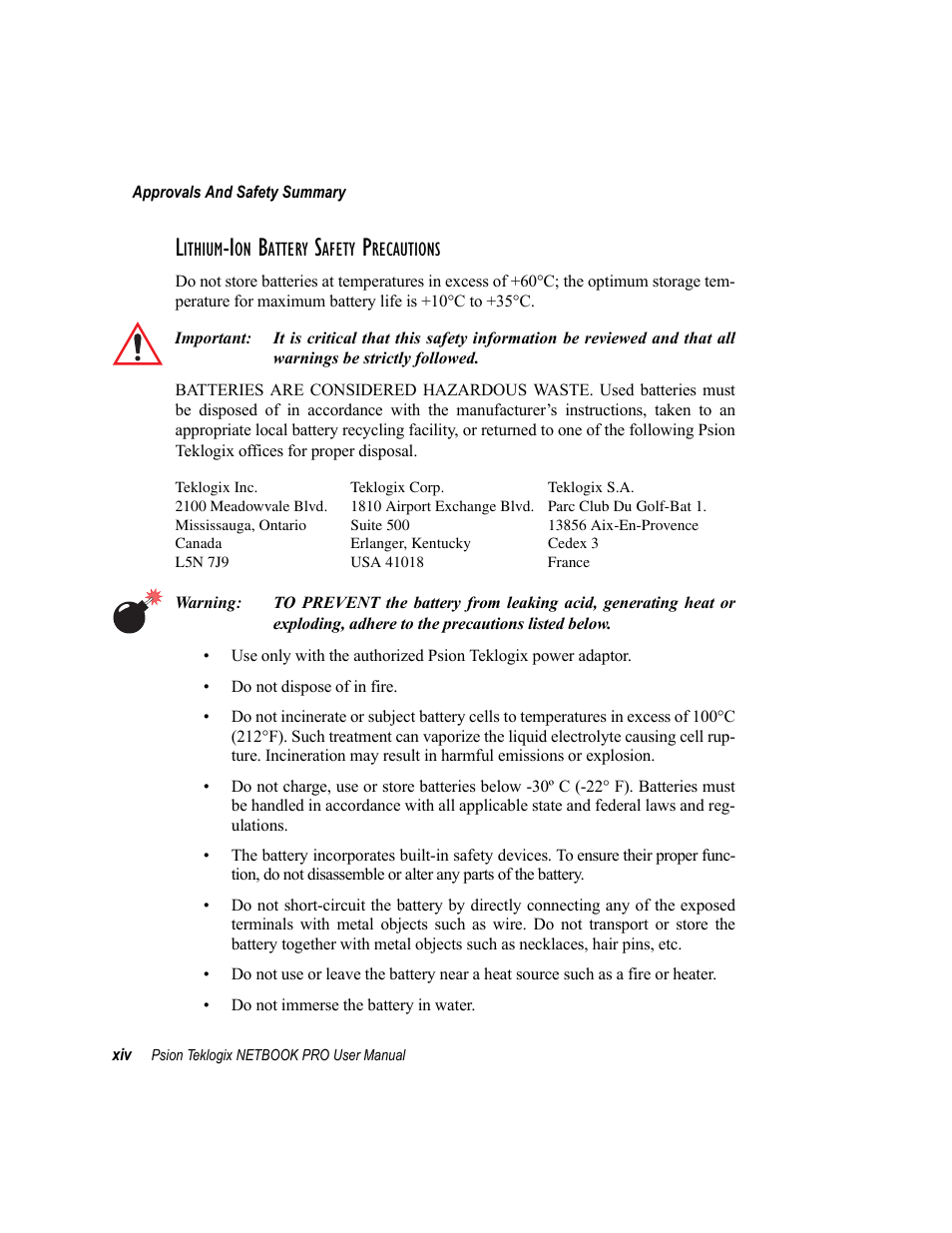 Lithium-ion battery safety precautions | Psion Teklogix Netbook Pro none User Manual | Page 18 / 172