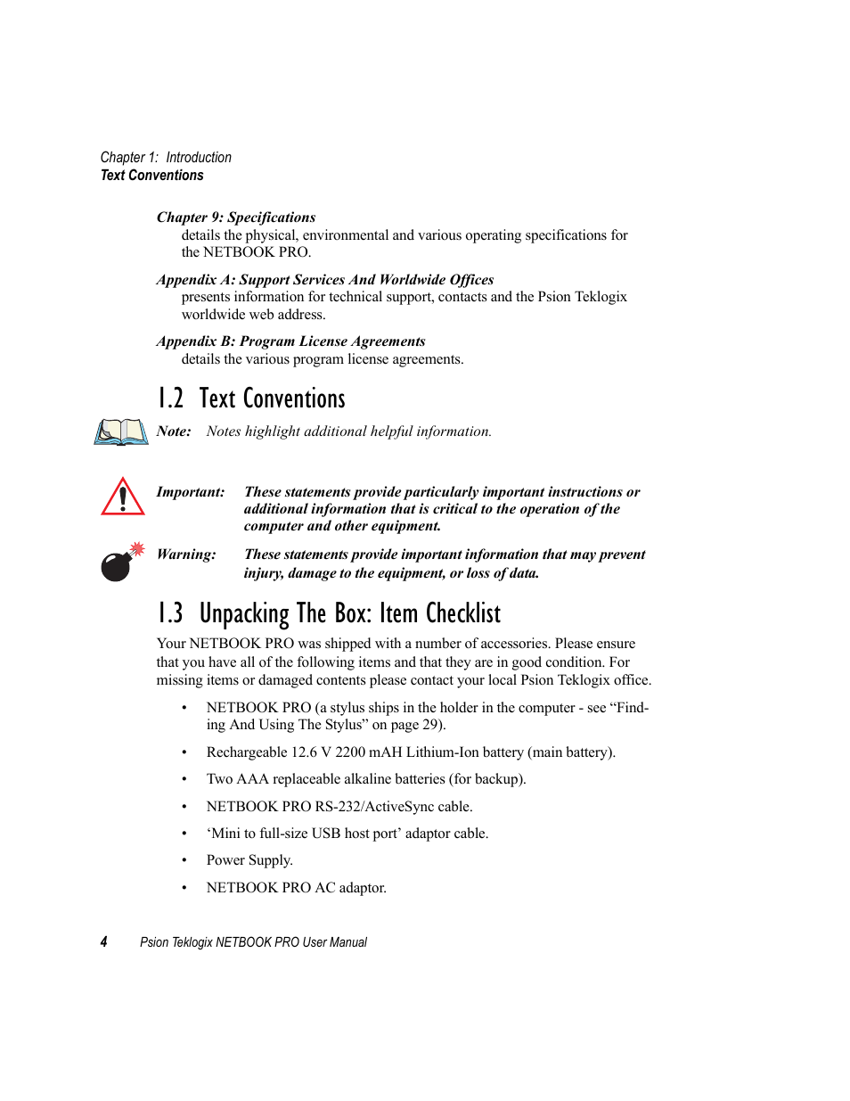 2 text conventions, 3 unpacking the box: item checklist, Text conventions | Unpacking the box: item checklist | Psion Teklogix Netbook Pro none User Manual | Page 24 / 172