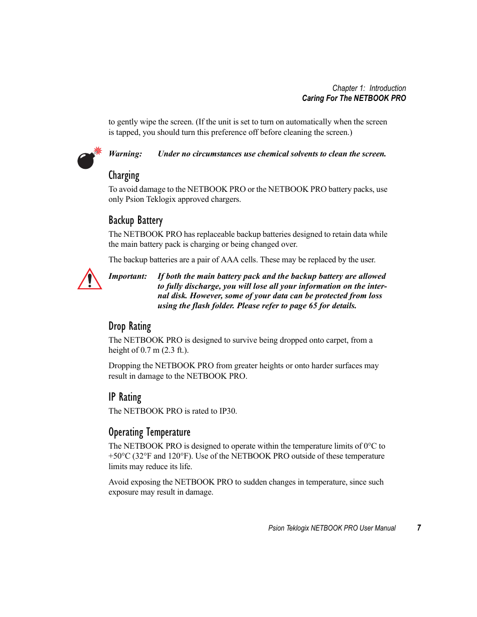 Charging, Backup battery, Drop rating | Ip rating, Operating temperature | Psion Teklogix Netbook Pro none User Manual | Page 27 / 172
