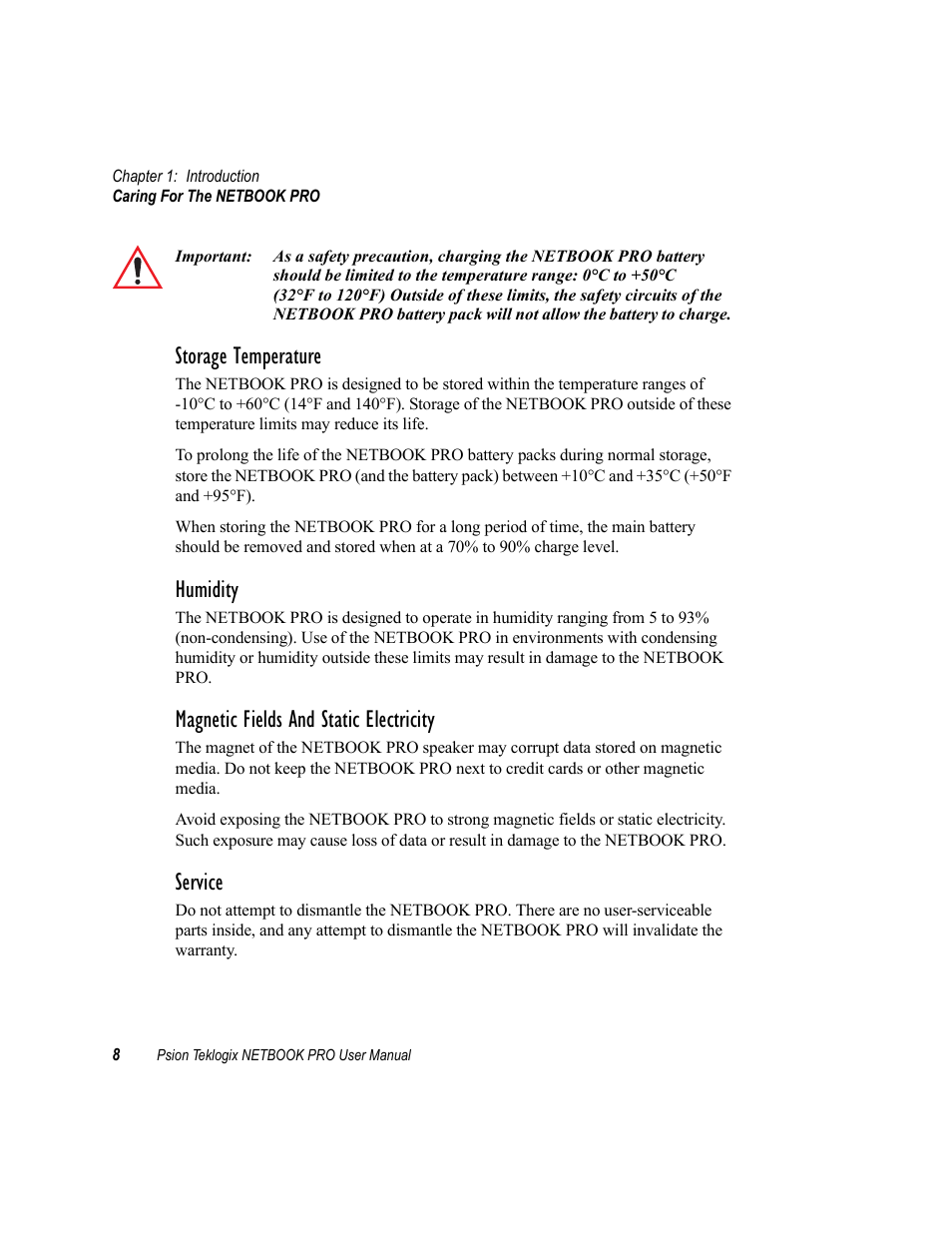 Storage temperature, Humidity, Magnetic fields and static electricity | Service | Psion Teklogix Netbook Pro none User Manual | Page 28 / 172