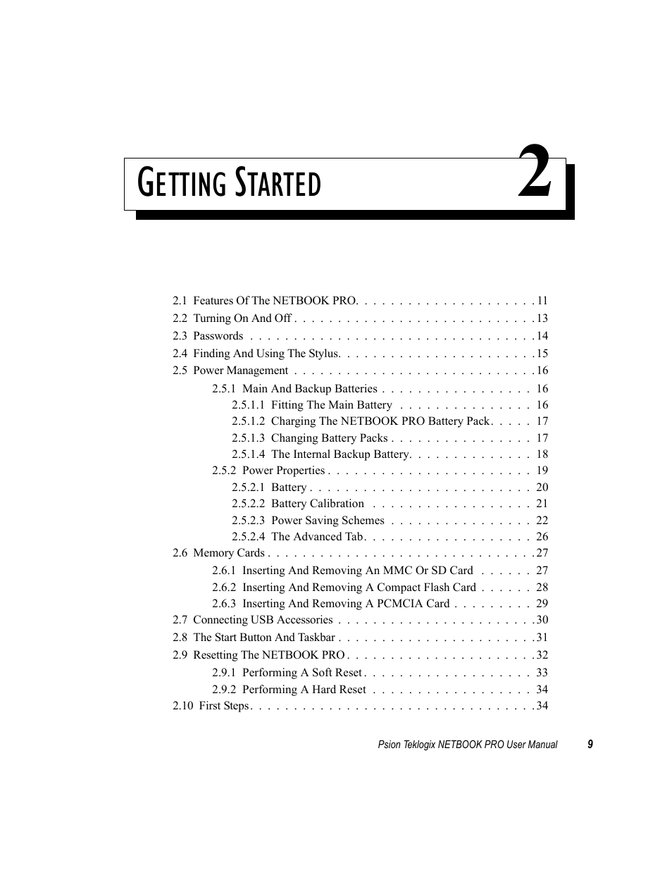 Getting started 2, Chapter 2: getting started, Etting | Tarted | Psion Teklogix Netbook Pro none User Manual | Page 29 / 172