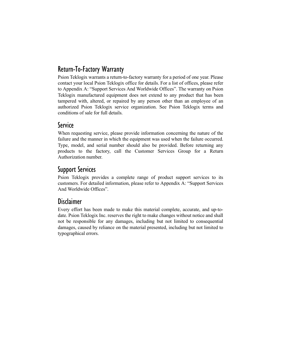 Return-to-factory warranty, Service, Support services | Disclaimer | Psion Teklogix Netbook Pro none User Manual | Page 3 / 172