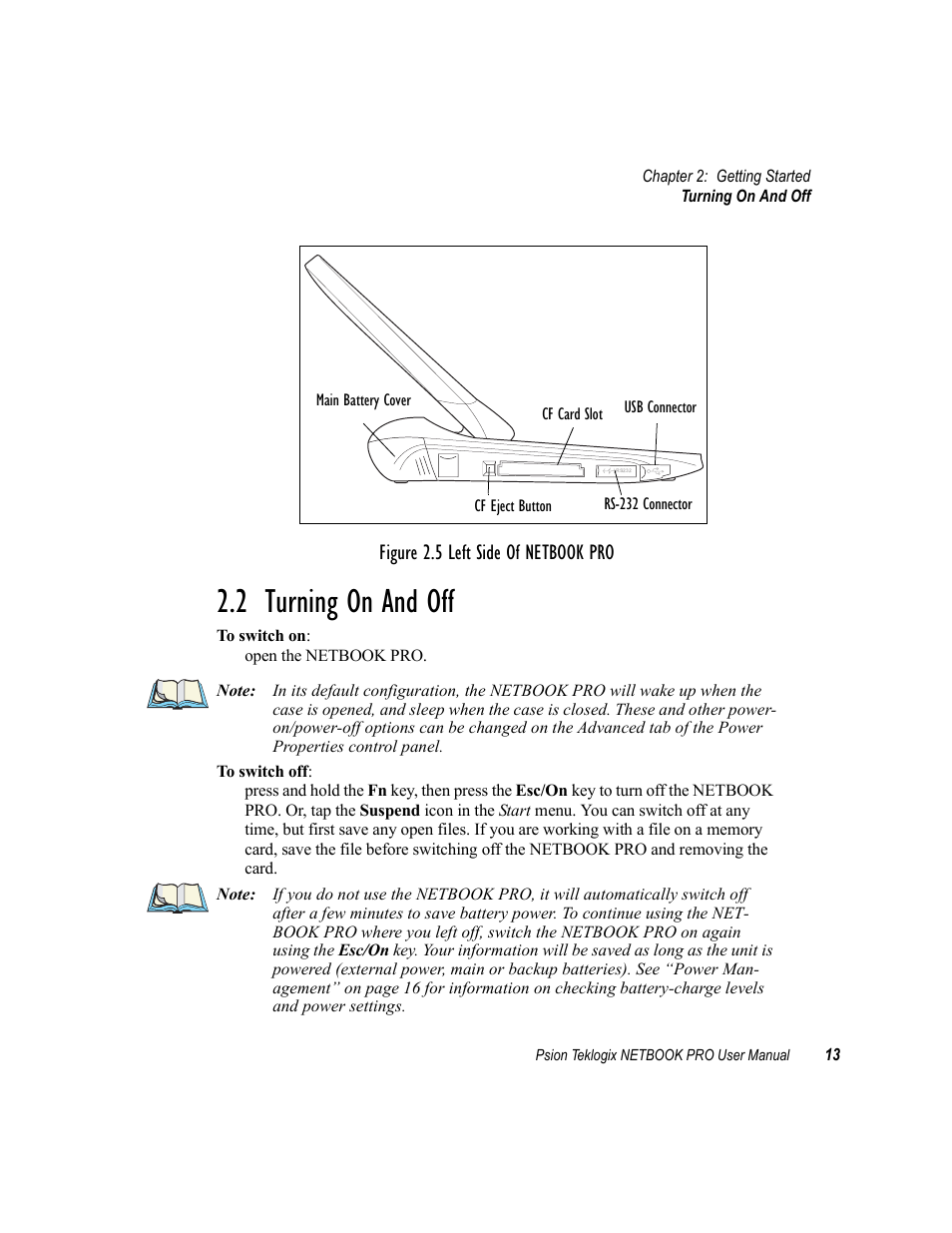 2 turning on and off, Turning on and off, Figure 2.5 left side of netbook pro | Psion Teklogix Netbook Pro none User Manual | Page 33 / 172