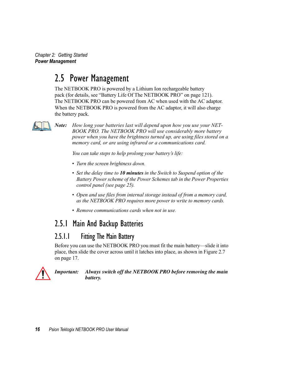 5 power management, 1 main and backup batteries, 1 fitting the main battery | Power management, Main and backup batteries, Fitting the main battery | Psion Teklogix Netbook Pro none User Manual | Page 36 / 172