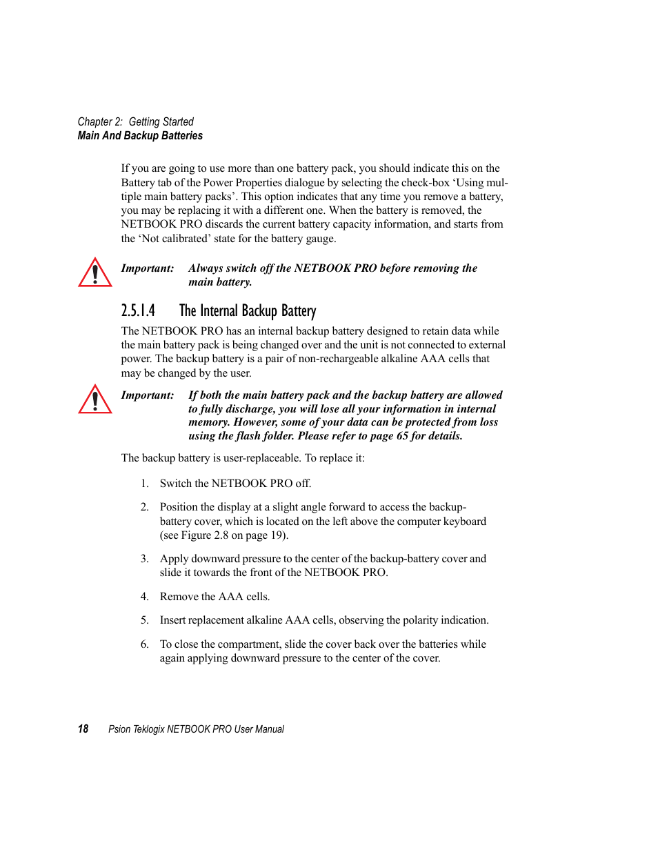 4 the internal backup battery, The internal backup battery | Psion Teklogix Netbook Pro none User Manual | Page 38 / 172