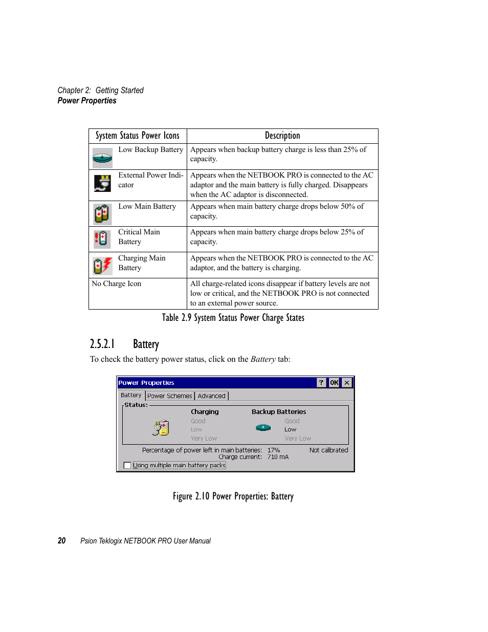 1 battery, Battery, Table 2.9 system status power charge states | Psion Teklogix Netbook Pro none User Manual | Page 40 / 172