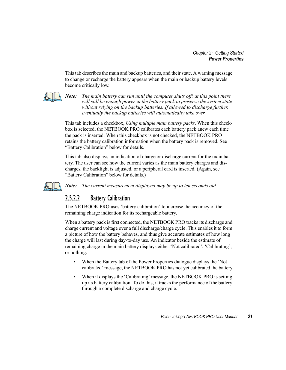 2 battery calibration, Battery calibration | Psion Teklogix Netbook Pro none User Manual | Page 41 / 172