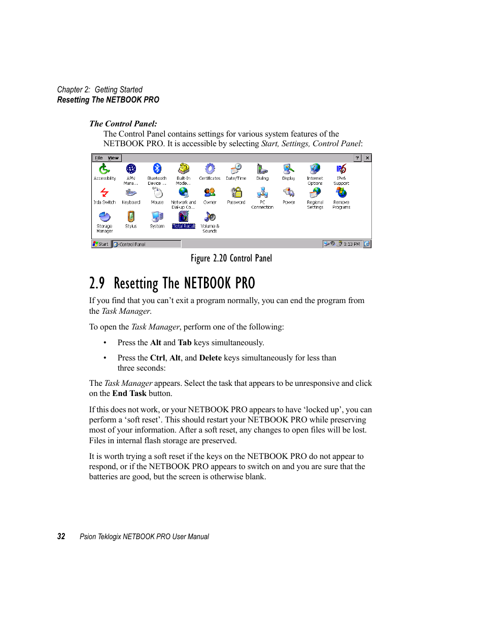 9 resetting the netbook pro, Resetting the netbook pro | Psion Teklogix Netbook Pro none User Manual | Page 52 / 172