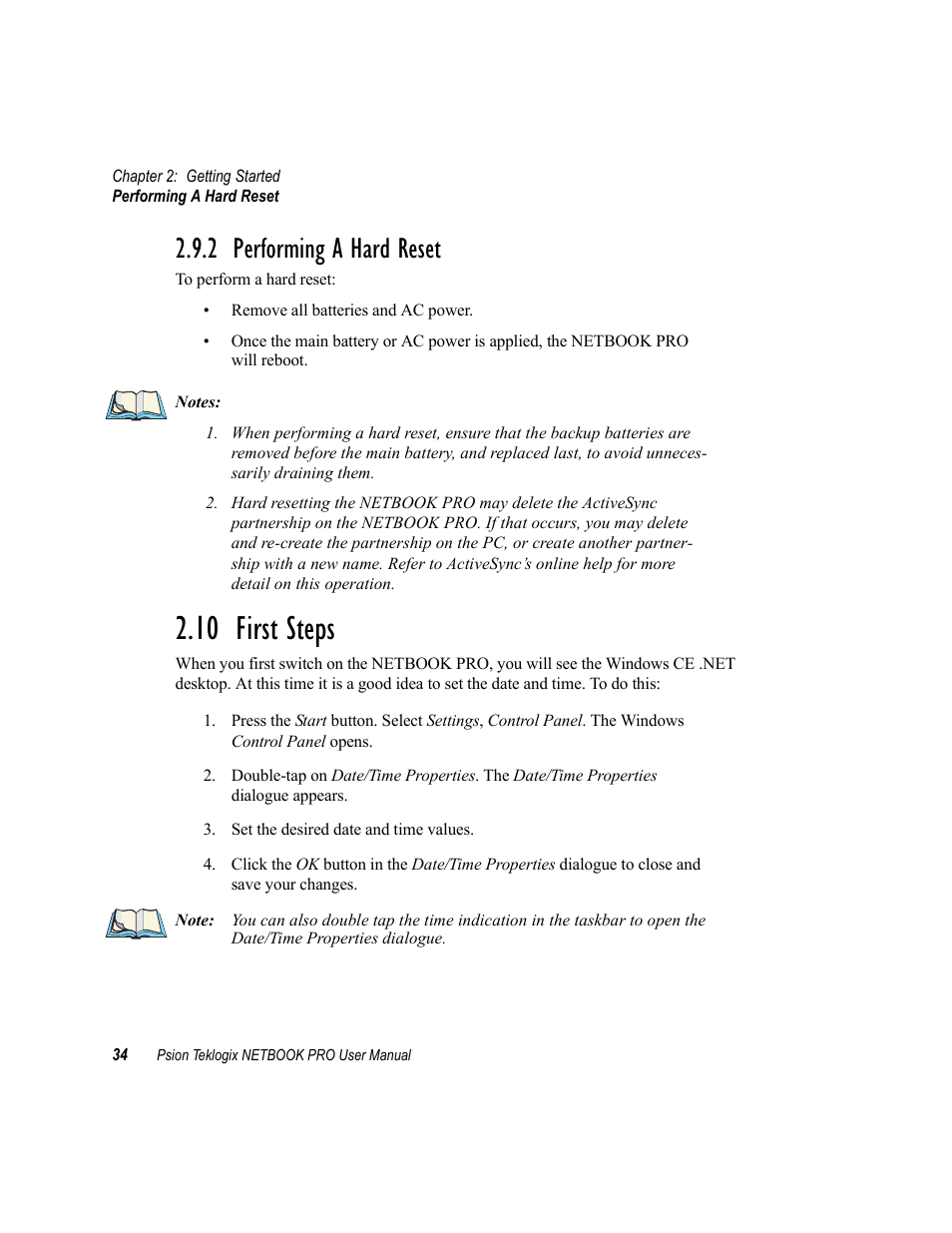 2 performing a hard reset, 10 first steps, Performing a hard reset | Psion Teklogix Netbook Pro none User Manual | Page 54 / 172