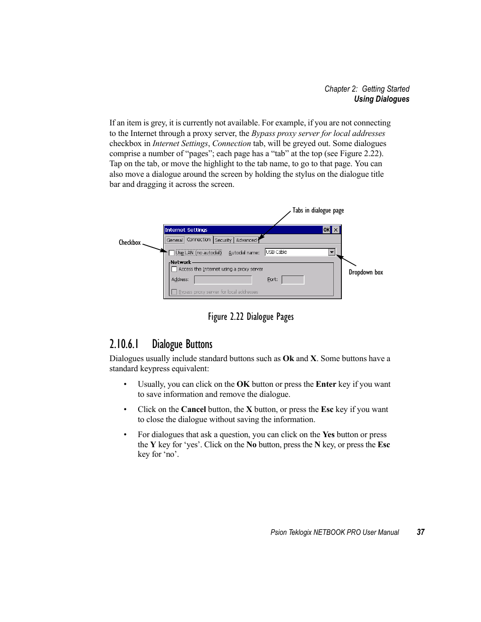 1 dialogue buttons, Figure 2.22 dialogue pages | Psion Teklogix Netbook Pro none User Manual | Page 57 / 172