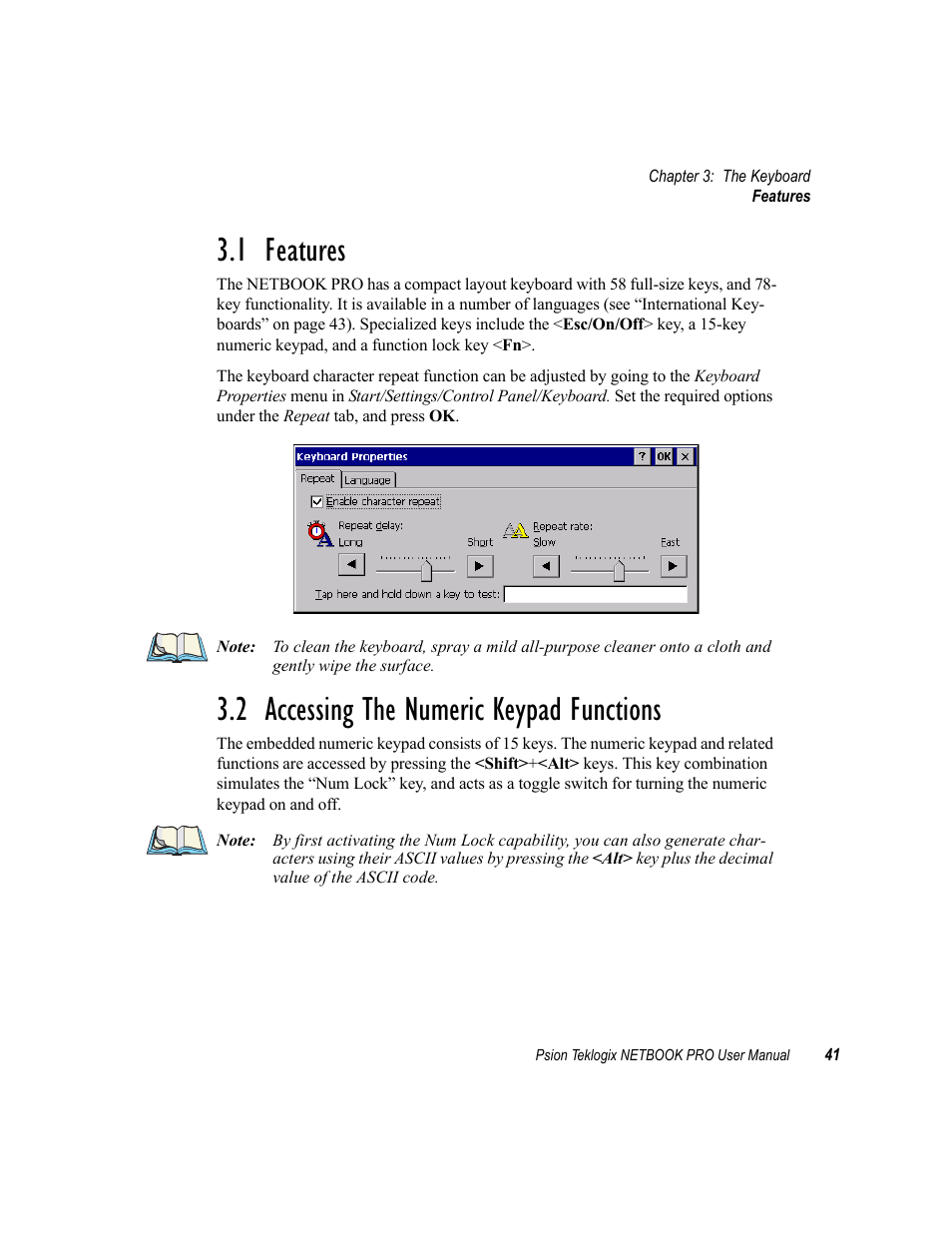 1 features, 2 accessing the numeric keypad functions, Features | Accessing the numeric keypad functions | Psion Teklogix Netbook Pro none User Manual | Page 61 / 172