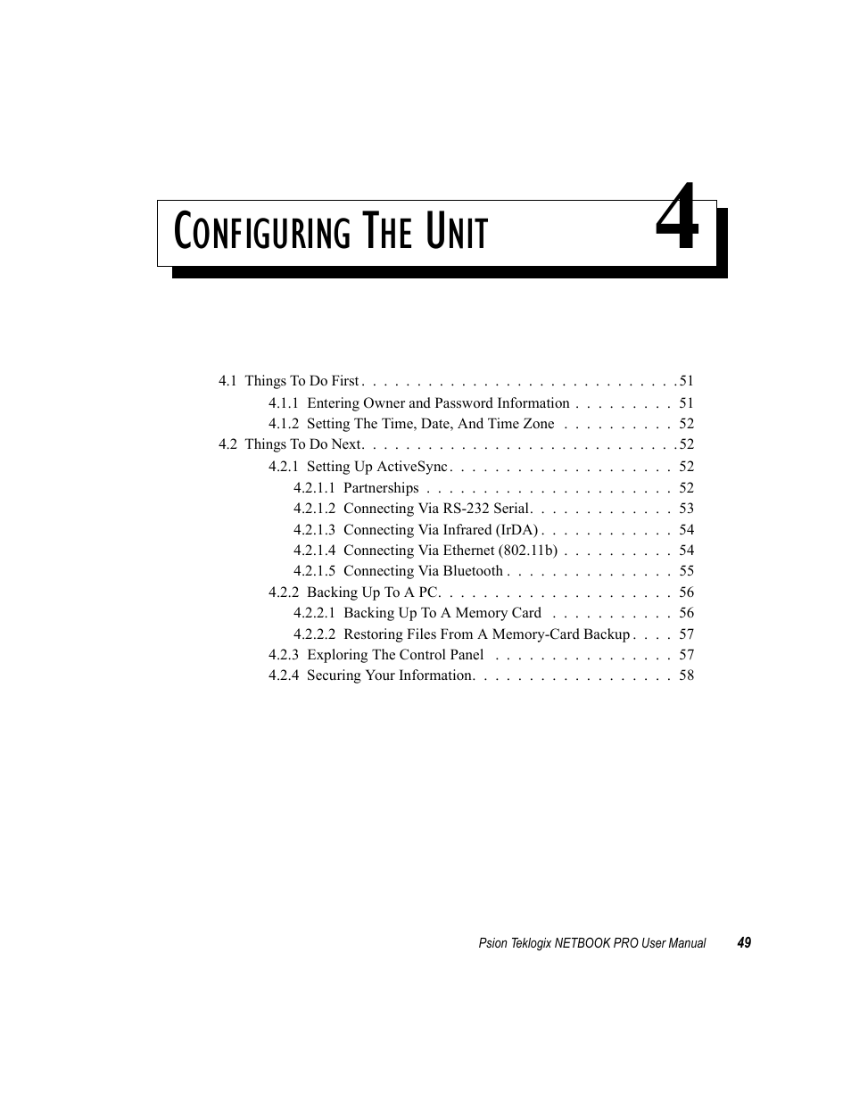 Configuring the unit 4, Chapter 4: configuring the unit, Onfiguring | Psion Teklogix Netbook Pro none User Manual | Page 69 / 172