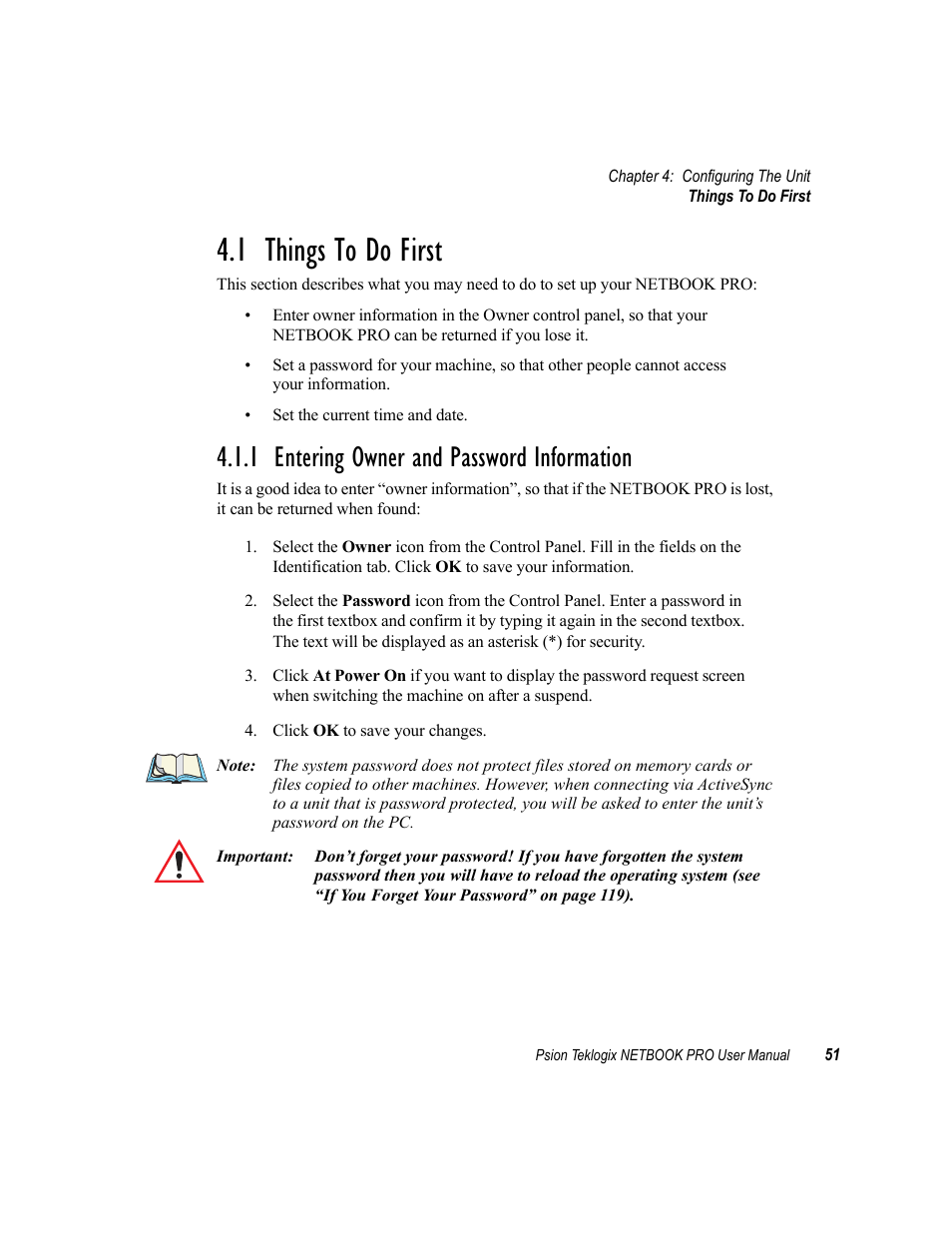 1 things to do first, 1 entering owner and password information, Things to do first | Entering owner and password information | Psion Teklogix Netbook Pro none User Manual | Page 71 / 172