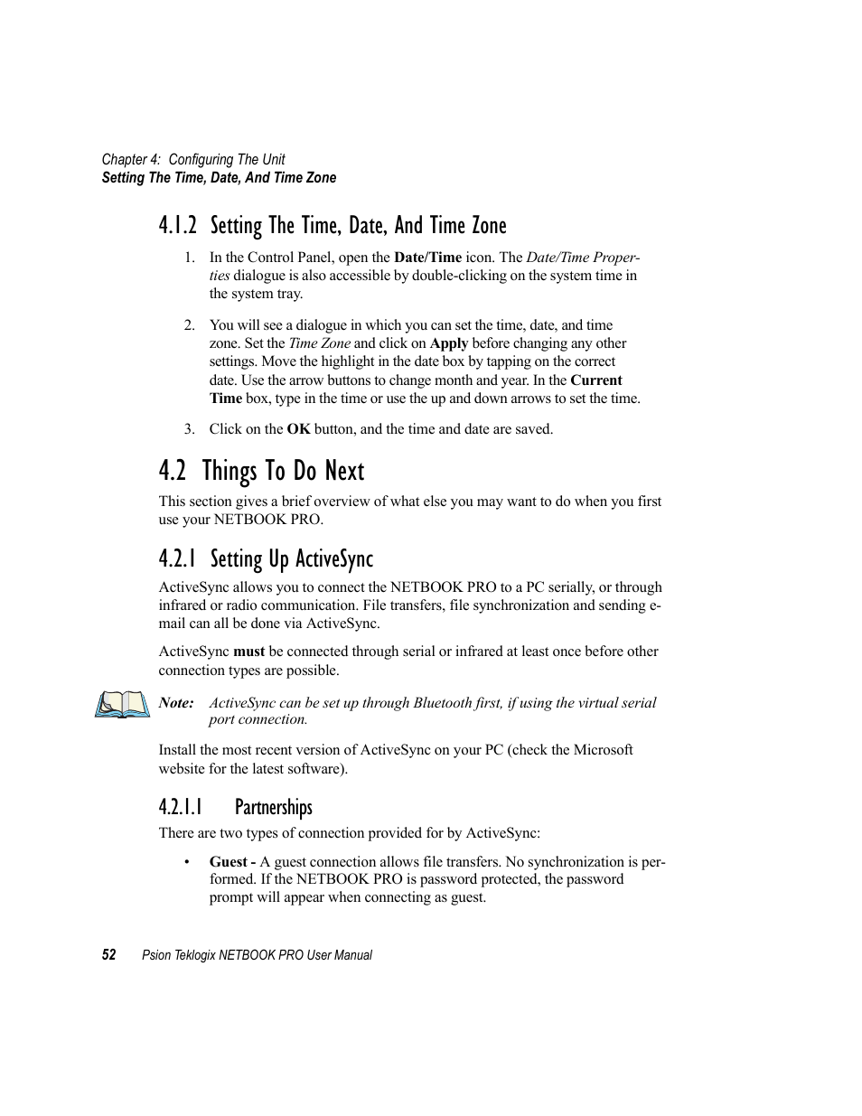 2 setting the time, date, and time zone, 2 things to do next, 1 setting up activesync | 1 partnerships, Setting the time, date, and time zone, Things to do next, Setting up activesync, Partnerships | Psion Teklogix Netbook Pro none User Manual | Page 72 / 172