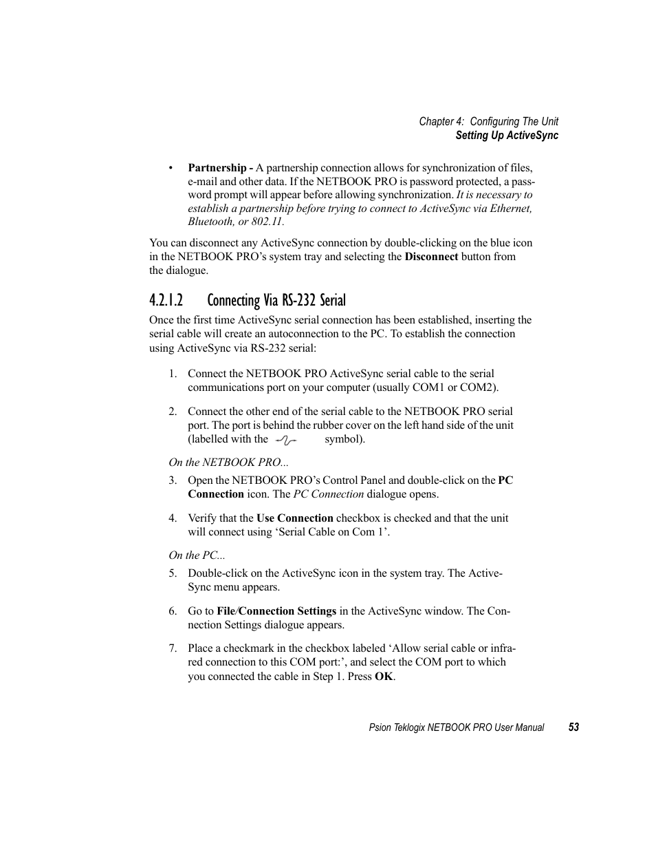 2 connecting via rs-232 serial, Connecting via rs-232 serial | Psion Teklogix Netbook Pro none User Manual | Page 73 / 172