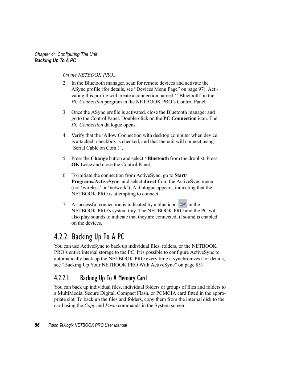 2 backing up to a pc, 1 backing up to a memory card, Backing up to a pc | Backing up to a memory card | Psion Teklogix Netbook Pro none User Manual | Page 76 / 172