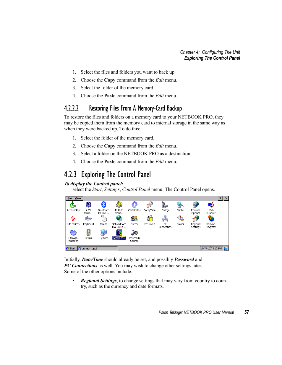 2 restoring files from a memory-card backup, 3 exploring the control panel, Restoring files from a memory-card backup | Exploring the control panel | Psion Teklogix Netbook Pro none User Manual | Page 77 / 172