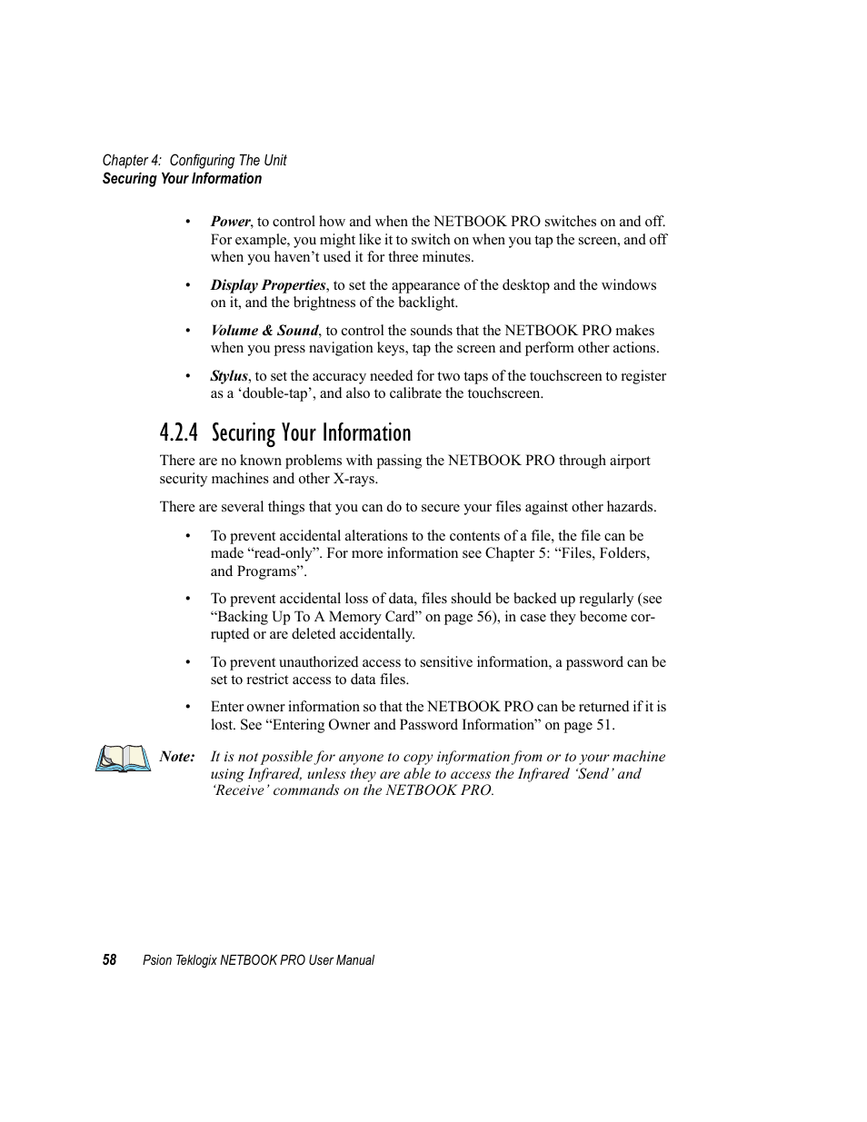 4 securing your information, Securing your information | Psion Teklogix Netbook Pro none User Manual | Page 78 / 172