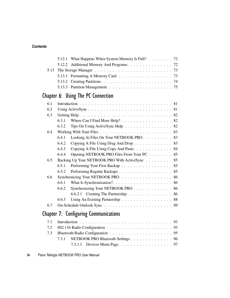 Chapter 6: using the pc connection, Chapter 7: configuring communications | Psion Teklogix Netbook Pro none User Manual | Page 8 / 172