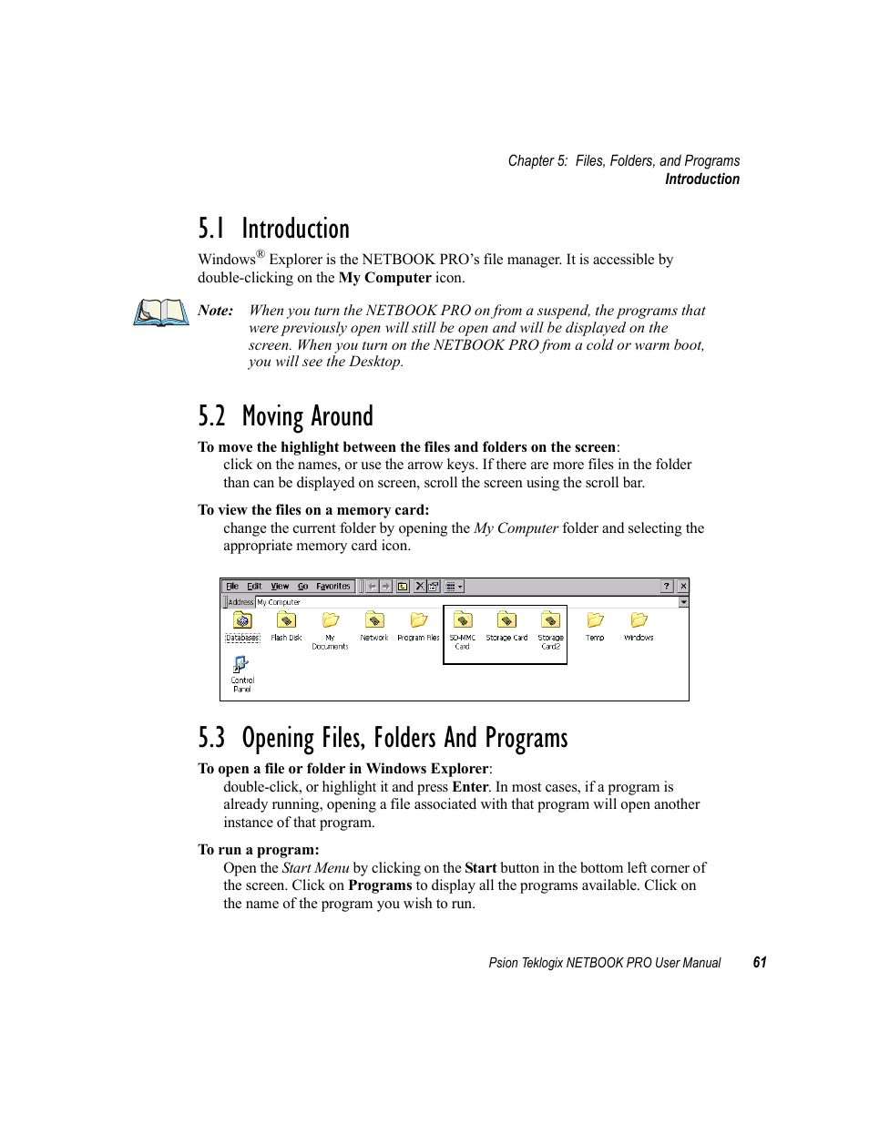 1 introduction, 2 moving around, 3 opening files, folders and programs | Introduction, Moving around, Opening files, folders and programs | Psion Teklogix Netbook Pro none User Manual | Page 81 / 172