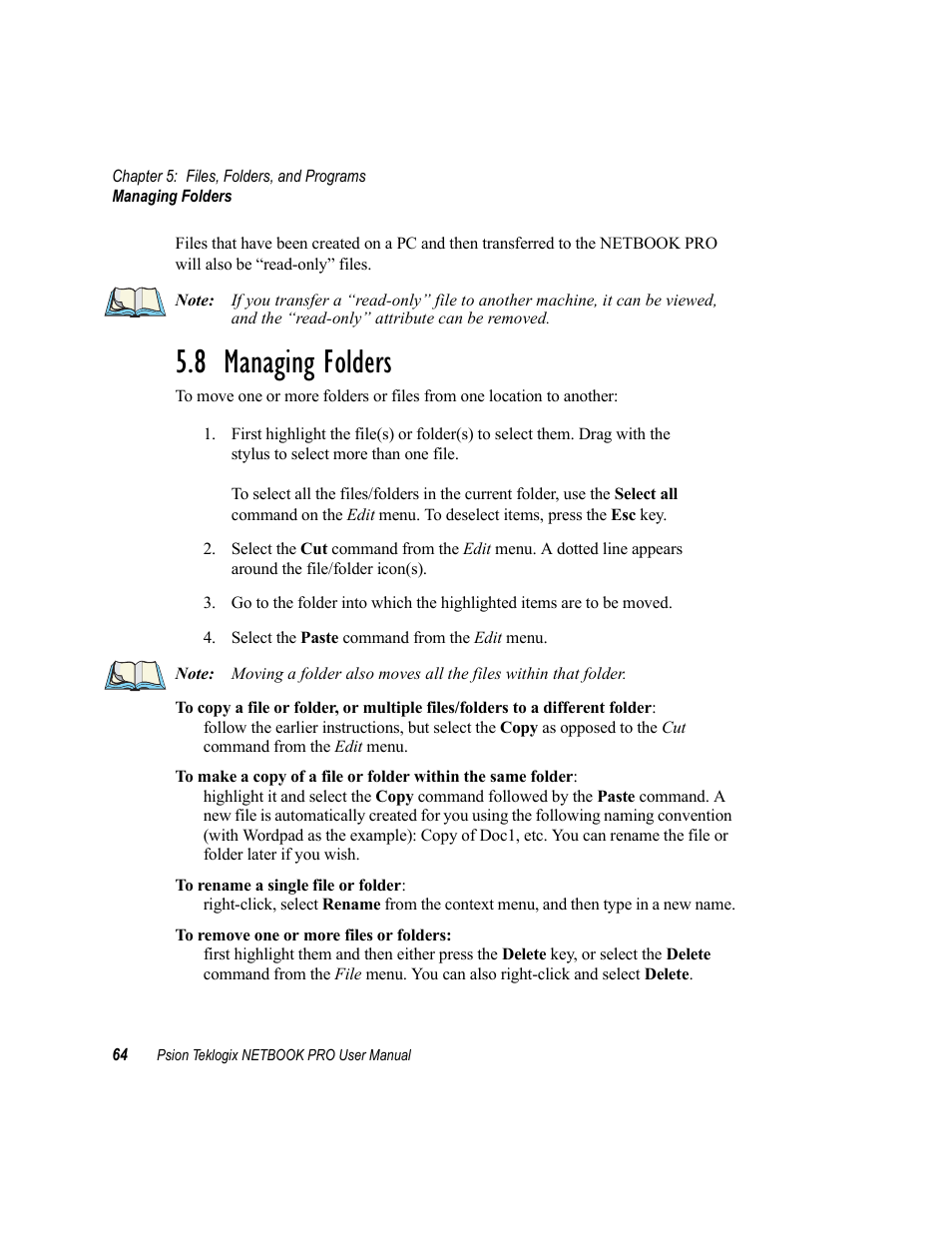 8 managing folders, Managing folders | Psion Teklogix Netbook Pro none User Manual | Page 84 / 172