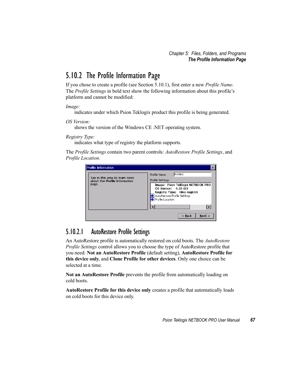 1 autorestore profile settings, 2 the profile information page | Psion Teklogix Netbook Pro none User Manual | Page 87 / 172