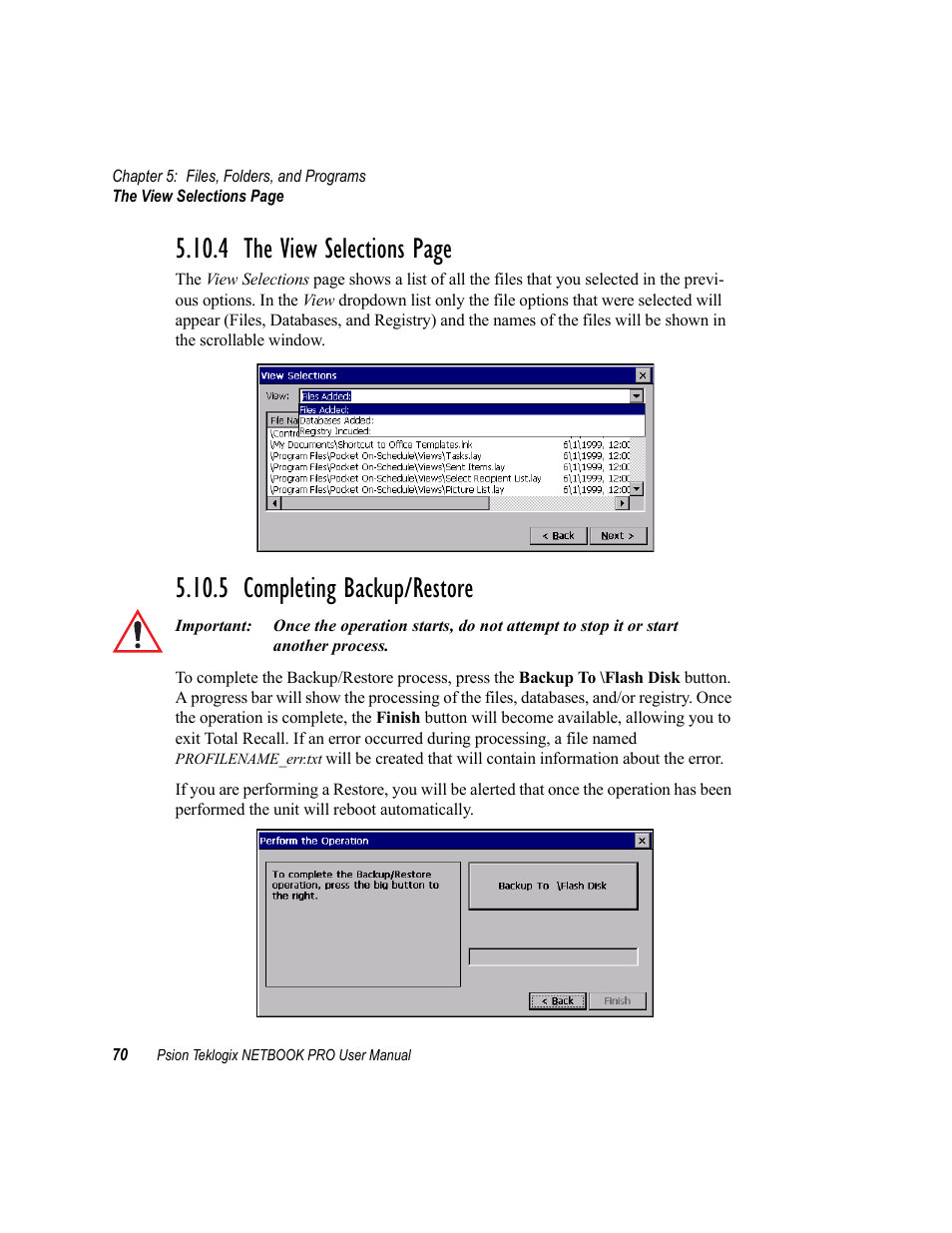 5 completing backup/restore, 4 the view selections page | Psion Teklogix Netbook Pro none User Manual | Page 90 / 172