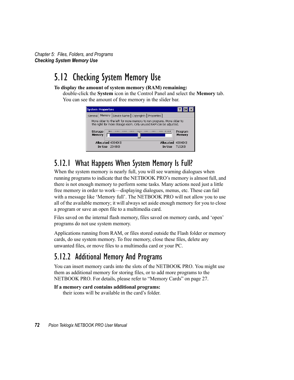 12 checking system memory use, 1 what happens when system memory is full, 2 additional memory and programs | Checking system memory use | Psion Teklogix Netbook Pro none User Manual | Page 92 / 172