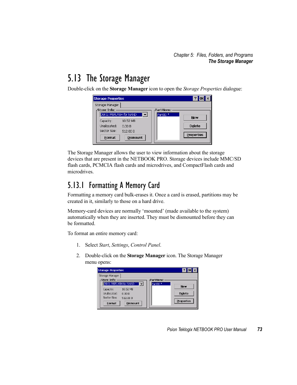 13 the storage manager, 1 formatting a memory card | Psion Teklogix Netbook Pro none User Manual | Page 93 / 172