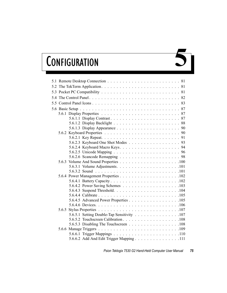 Configuration 5, Chapter 5: configuration, Onfiguration | Psion Teklogix Hand-Held Computer 7530 G2 User Manual | Page 103 / 296