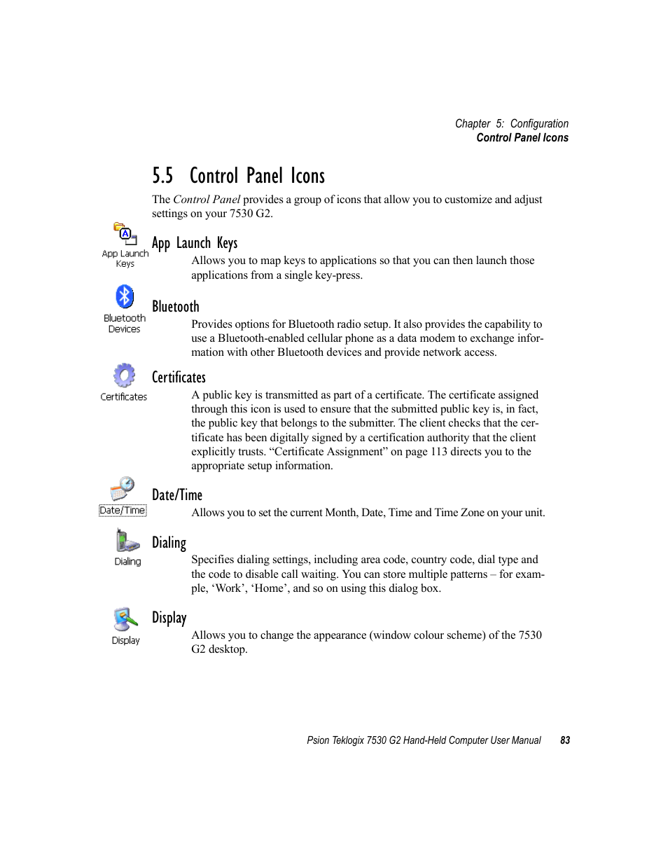 5 control panel icons, App launch keys, Bluetooth | Certificates, Date/time, Dialing, Display | Psion Teklogix Hand-Held Computer 7530 G2 User Manual | Page 111 / 296