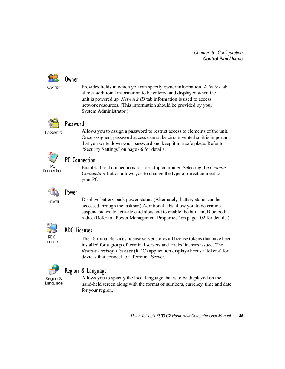 Owner, Password, Pc connection | Power, Rdc licenses, Region & language | Psion Teklogix Hand-Held Computer 7530 G2 User Manual | Page 113 / 296