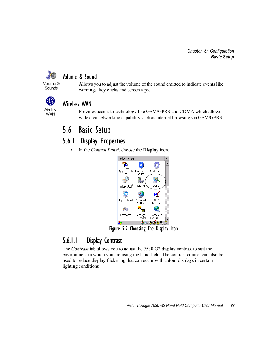 6 basic setup, 1 display properties, 1 display contrast | Psion Teklogix Hand-Held Computer 7530 G2 User Manual | Page 115 / 296