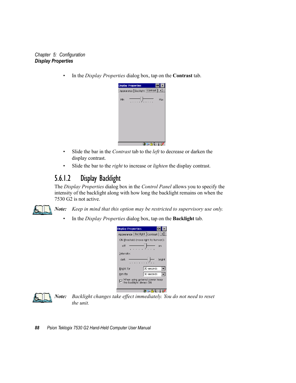 2 display backlight | Psion Teklogix Hand-Held Computer 7530 G2 User Manual | Page 116 / 296