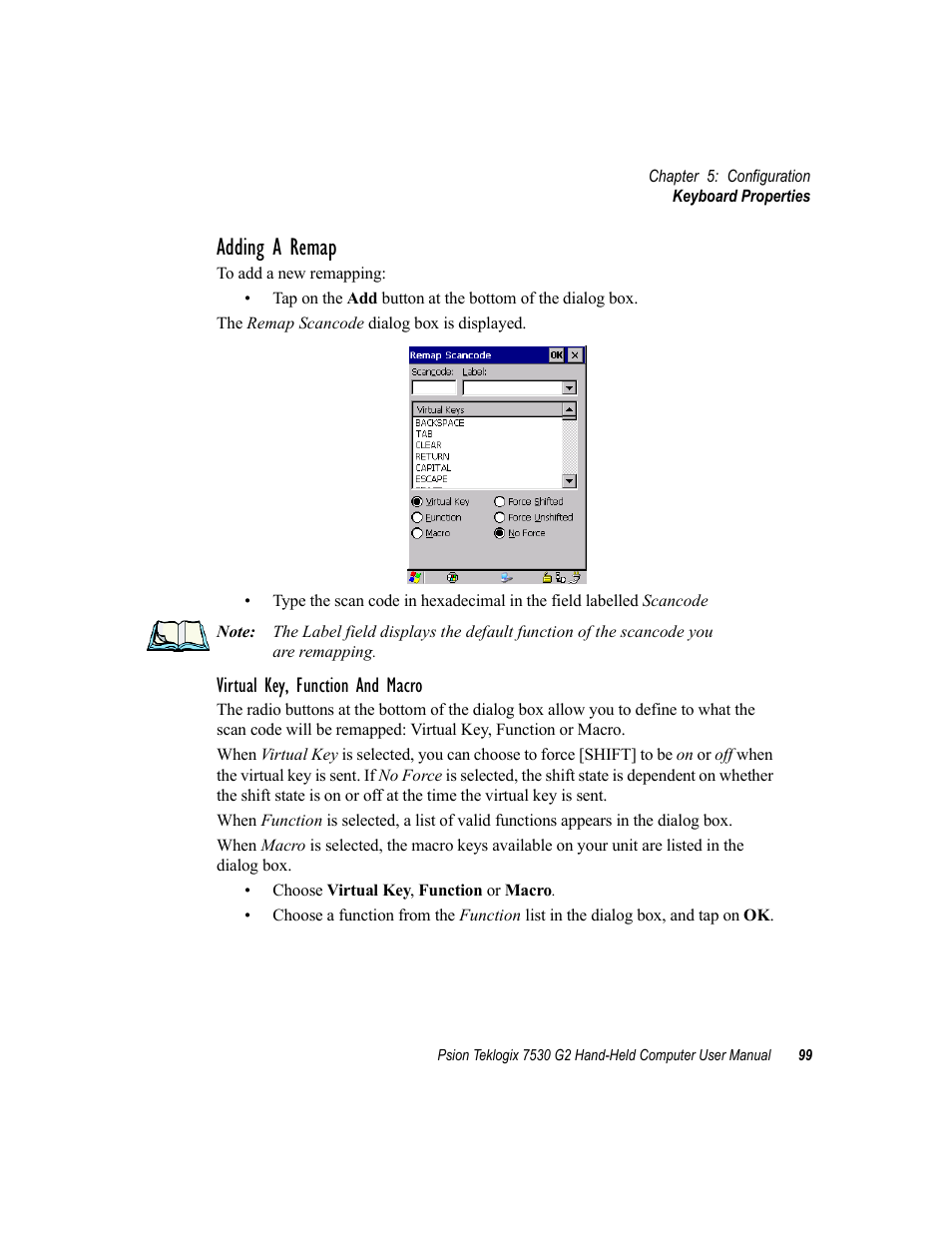 Adding a remap, Virtual key, function and macro | Psion Teklogix Hand-Held Computer 7530 G2 User Manual | Page 127 / 296